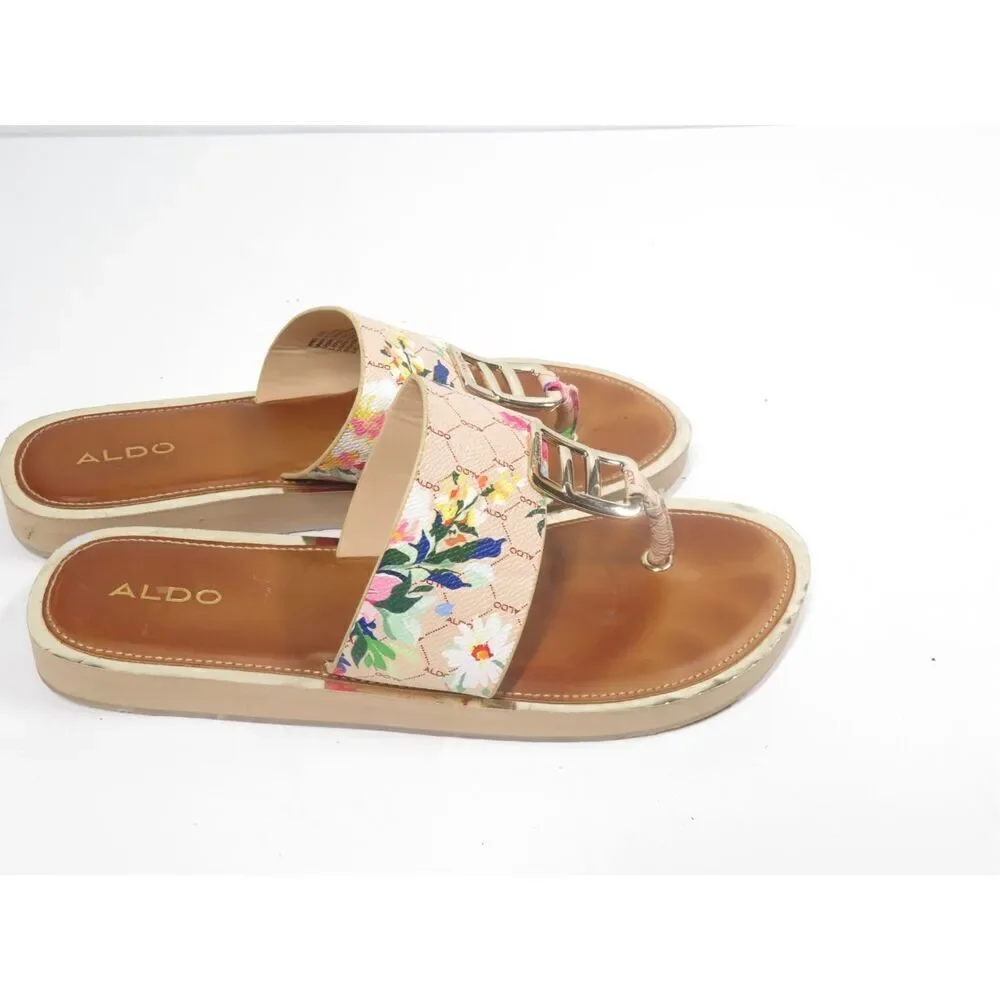Aldo Daliah Floral Sandal Flip Flop Blush Brown Gold Size Women 10 Rare